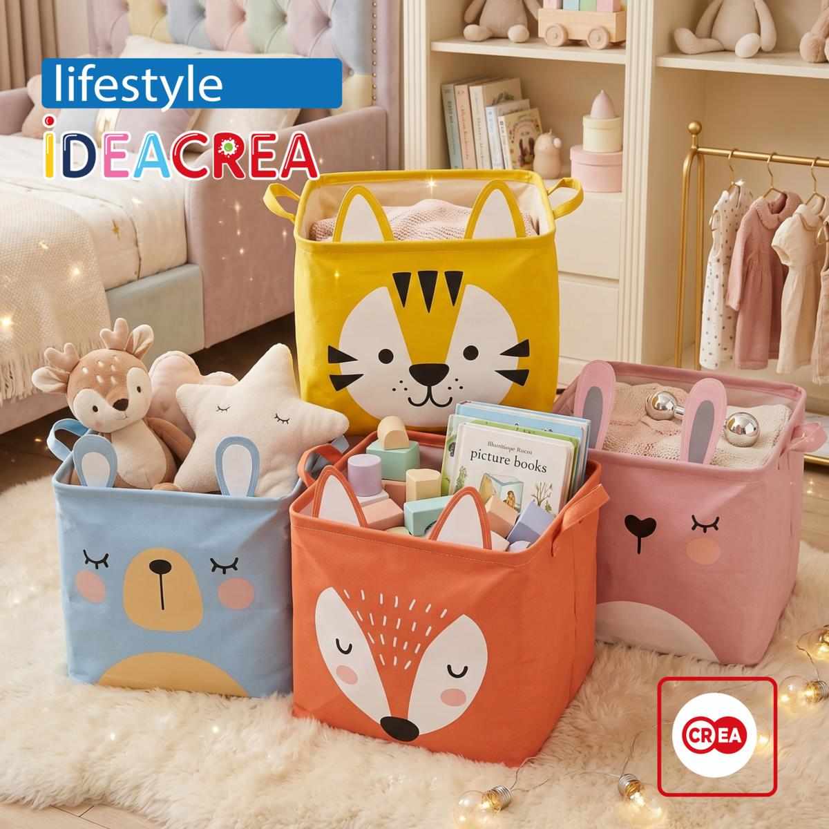 Cesto Portaoggetti per Bambini - Design Animaletti - Tessuto Pieghevole con Manici