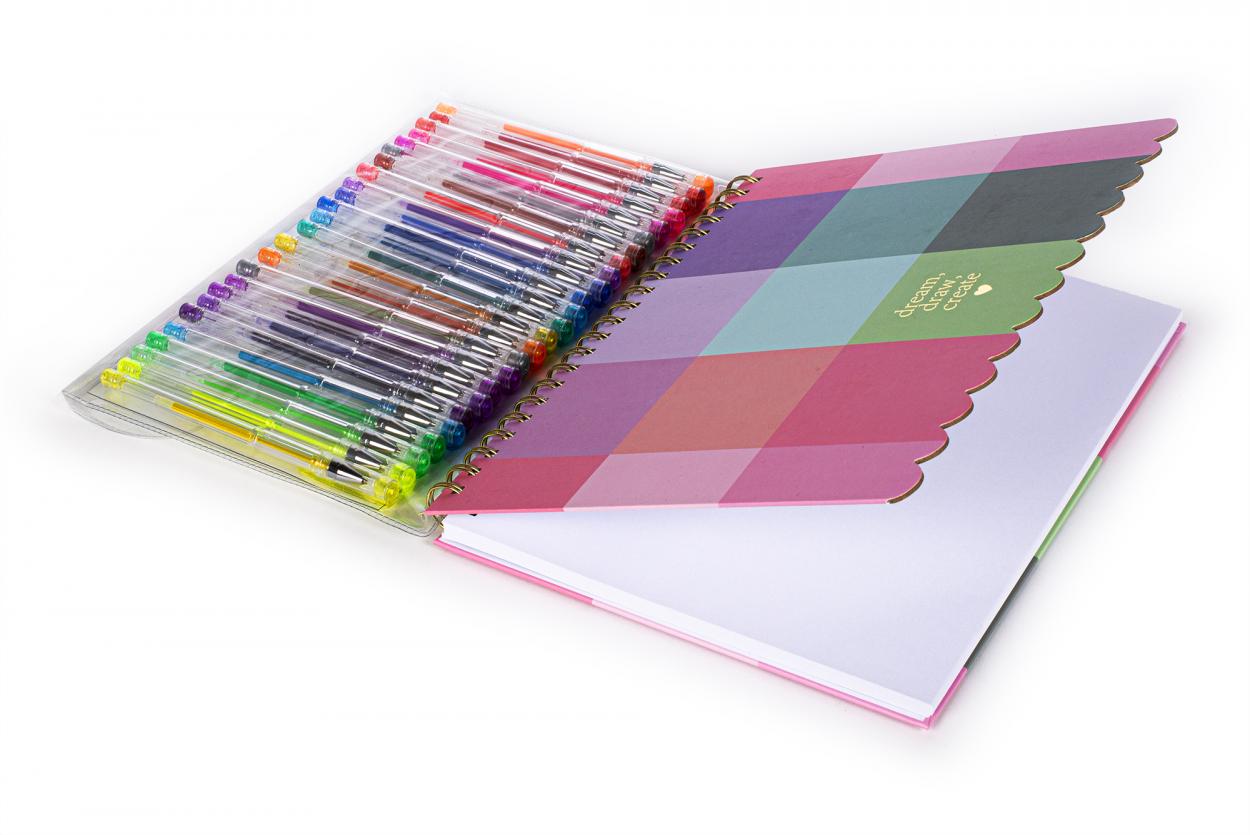 SKETTCHBOOK SET CON 25 PENNE GEL QUADRATI COLORATI