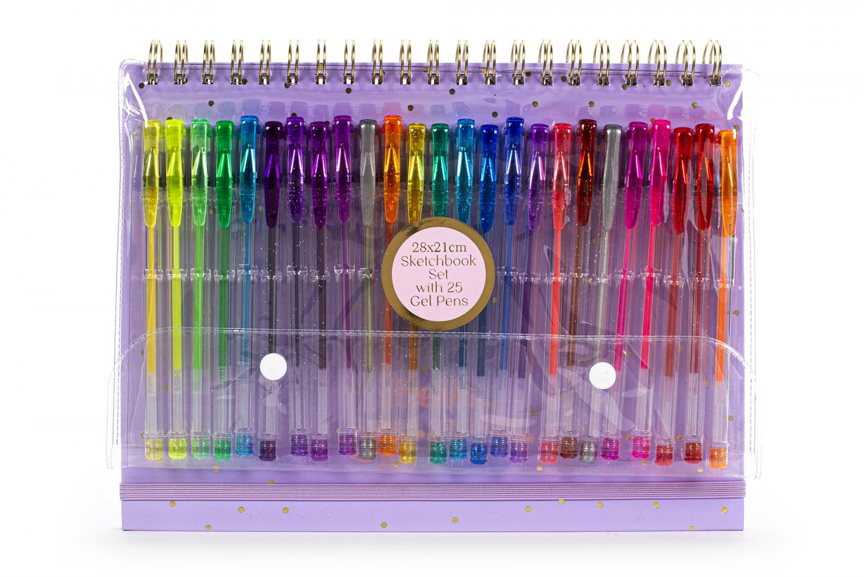 SKETCHBOOK SET WITH 25 GEL PEN COPERTINA LILLA