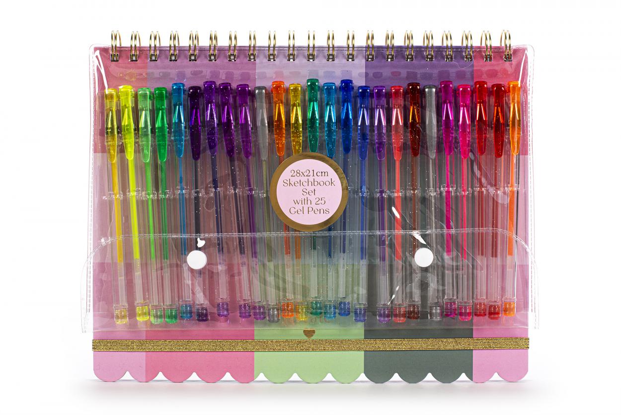 SKETTCHBOOK SET CON 25 PENNE GEL QUADRATI COLORATI