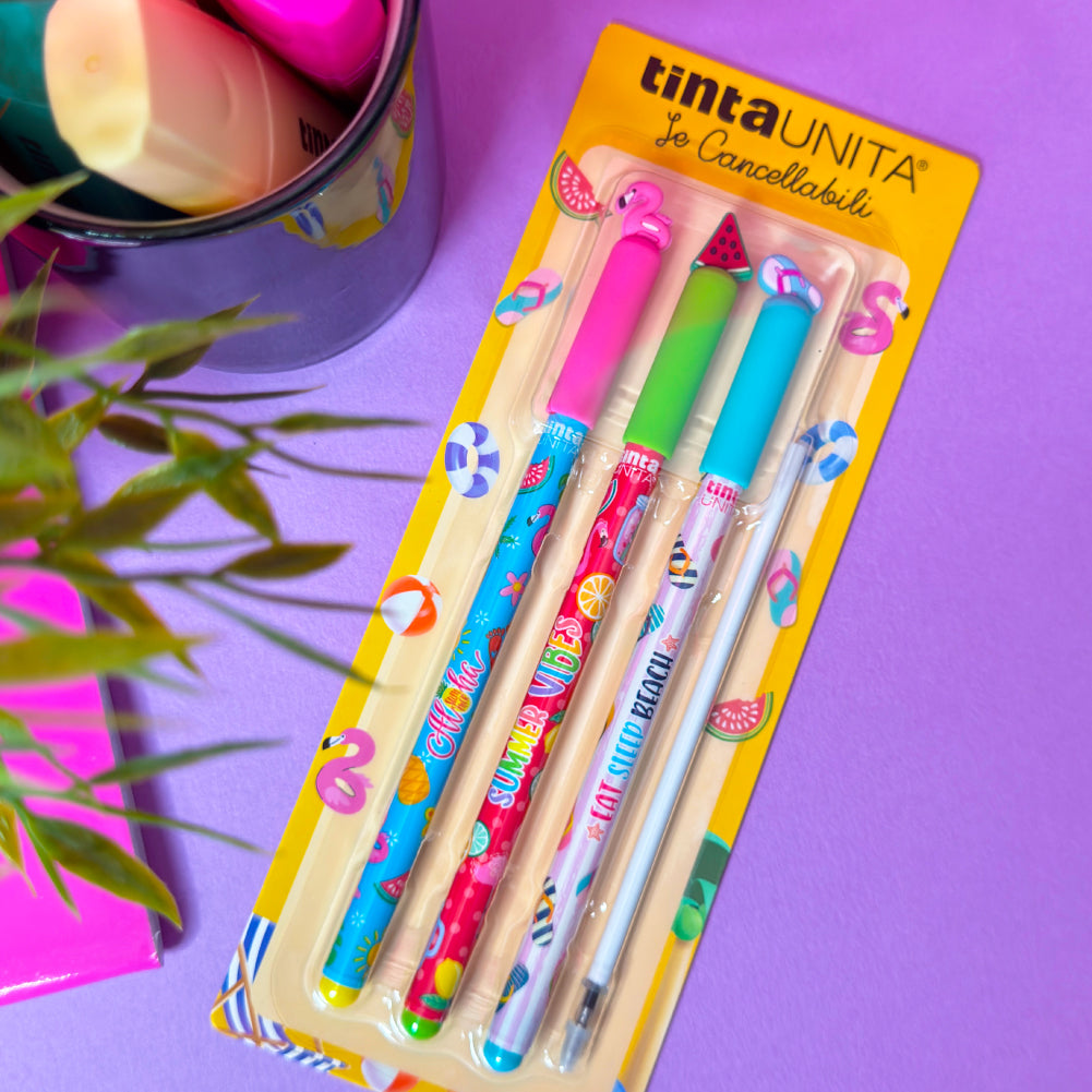 Set Penne cancellabili TintaUnita Hello Summer Vibes 3pz + 1 refil ink